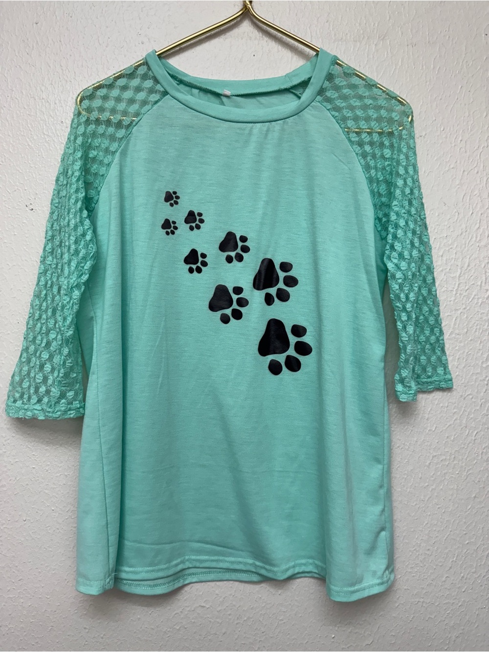 Mint Green Paw-Print 3/4 Sleeve Top XL